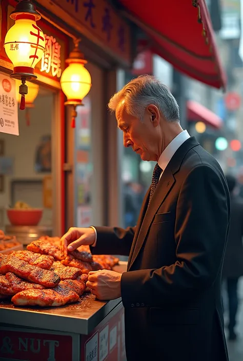 There was a person standing in front of the shop buying grilled pork.