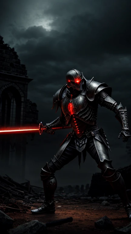 skeleton warrior, dark fantasy, heavily armored skeleton, glowing red eyes, wielding a giant sword, epic medieval battle scene, abandoned castle ruins, overcast sky, moody lighting, dramatic shadows, detailed textures, intricate armor design, muscular skel...