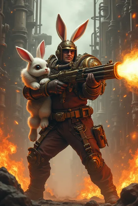 Man with machine gun protecting bunny girl against fire in steampunk style 