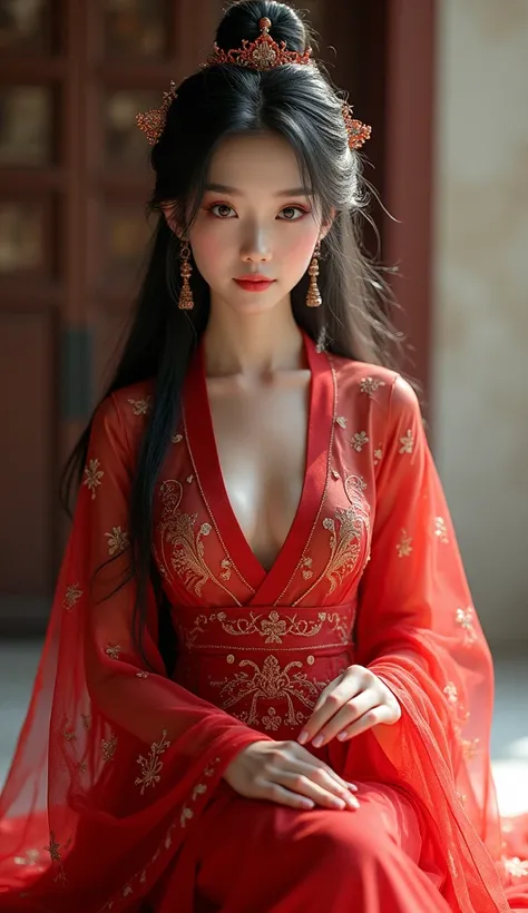 (photorealism:1.2), beautiful Chinese woman, wearing traditional Hanfu, very beautiful Chinese Hanfu female, red toenails, simple background. 