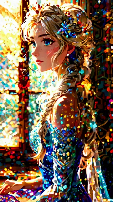 One girl, Elsa, adult,Adult,older sister,aldult,Braided hair, Hair color: White gold,Long Hair, (Rear view:1.4), indoor, Sit by the window, anime screenshot, sauce_anime, Dramatic composition, Dynamic action scenes like in a movie, Vibrant colors, Cinema L...