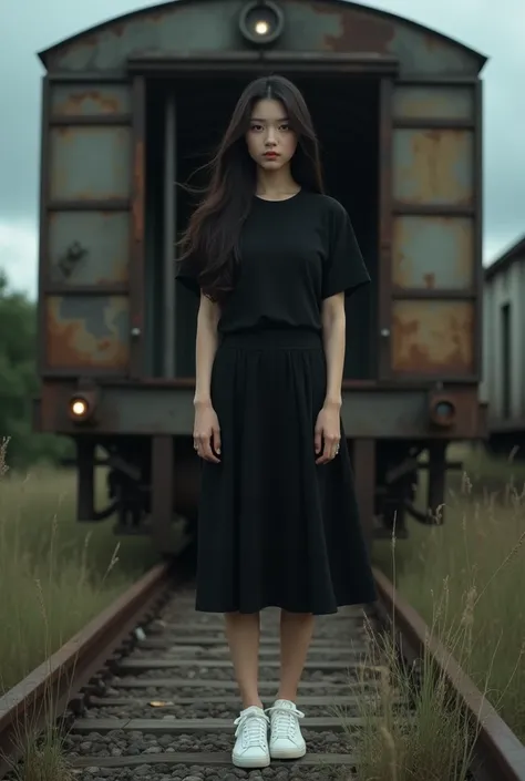 (photorealism:1.2), beautiful woman, cinematic (solo) a 3 asian woman with long hair, curvy body, wearing a plain black t-shirt, a plain black 7/8 length skirt, white newbalance shoes, standing in front of an old rusty abandoned train door, with an old aba...