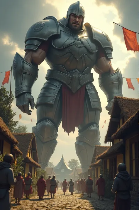 Generate an image showing Goliath’s Arrival - Goliath arriving at the village, towering over the frightened villagers. Imagine a dramatic scene set just outside a small village. At the forefront, Goliath stands tall and imposing, easily towering over the t...