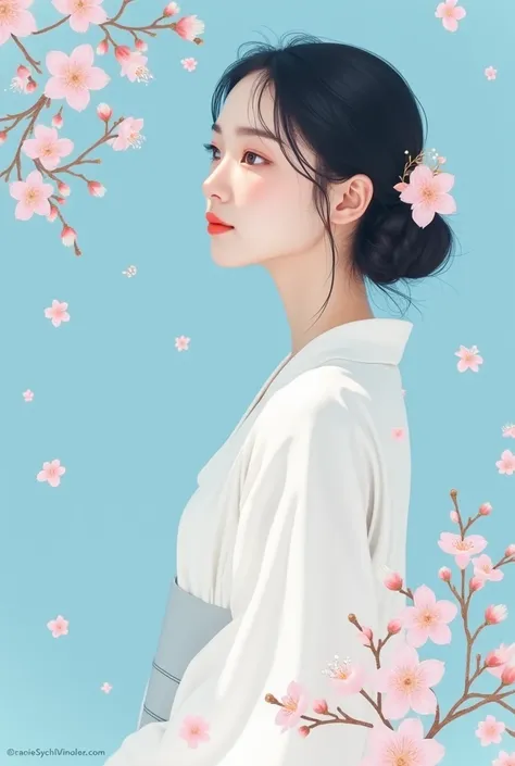 Poster with is shibui, spoken and written font style. The main character is a real 2 woman with a beautiful, slender face. Conveying the beauty and feeling of Japan with a little cherry blossom. Minimalist design, blue tone, Japanese. The poster itself onl...