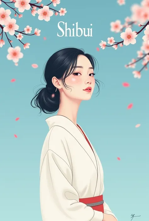 Poster with is shibui, spoken and written font style. The main character is a real 2 woman with a beautiful, slender face. Conveying the beauty and feeling of Japan with a little cherry blossom. Minimalist design, blue tone, Japanese. The poster itself onl...