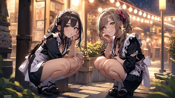 Masterpiece, super high quality anime style illustration, 8K, early Meiji period in Japan. In front of an old fashioned cafe, outdoors at night, ((very beautiful 20 year old maids)), ((two beautiful girls smiling)). ((squatting with legs together)), colorf...