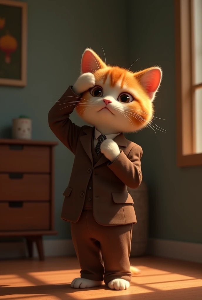 "An AI-generated cat in a brown suit、A Pixar-esque scene of a man sitting in a dimly lit room with a subtly subdued atmosphere。 The cat has a painful expression、As if you are suffering from a headache or other discomfort、One of his front paws is gently pre...