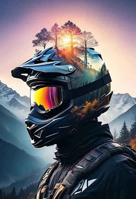 Triple exposure of the silhouette face of a man wearing a motocross helmet profile and shiny goggles , mountains,  nature beauty and wonder, magical, majestical, beautiful colors,branches with leaves round frame extended branches 
