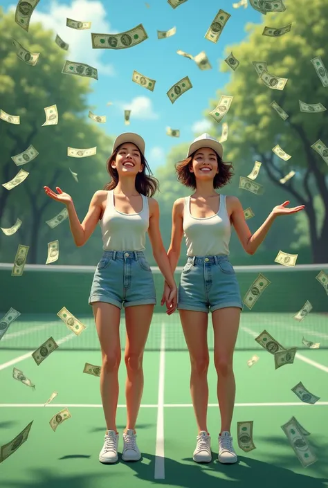 Two beautiful female vendors smile happily, look up, and spread their arms, waiting to receive money, which is falling from the sky in large amounts, on the tennis court.