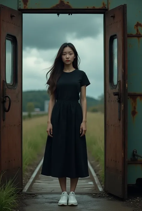 (photorealism:1.2), beautiful woman, cinematic (solo) a 3 asian woman with long hair with curvy body, wearing a plain black t-shirt, a plain black 7/8 length skirt, white newbalance shoes, standing in front of an old rusty abandoned train door, with an old...