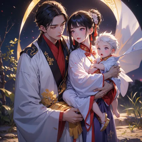 A one-year-old baby boy in an ancient Chinese baby costume with his beautiful mother, dressed in an white ancient Chinese costume, playing with each other, with his handsome father standing next to his mother, close up.

Background is a dark moonless night...