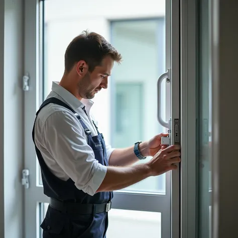 
A professional technician is in the process of replacing a window handle in a modern residential environment. The technician, dressed in a clean and professional uniform, uses precise tools to carefully remove the old handle and install a new one. The win...