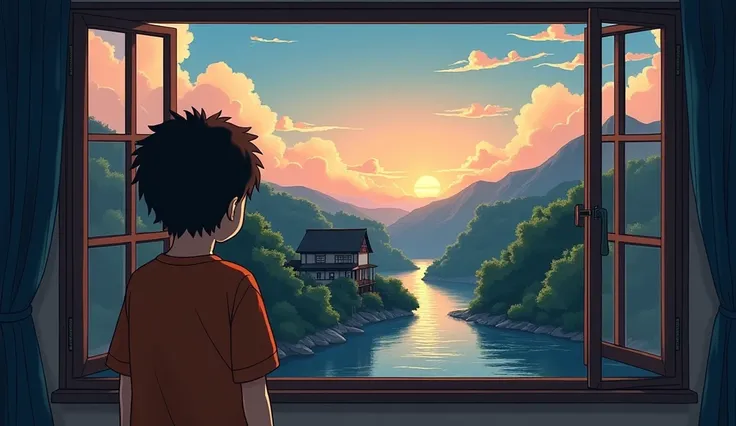 In the style of digital illustrations inspired by Hayao Miyazaki, this 4K quality animated wallpaper depicts a landscape seen from the window of a room in an apartment. A boys back view of the landscape from behind. There is a small calm river, a water mil...