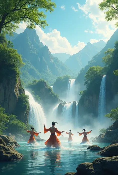 Chinese martial arts has beautiful nature, waterfalls, and clear skies. 