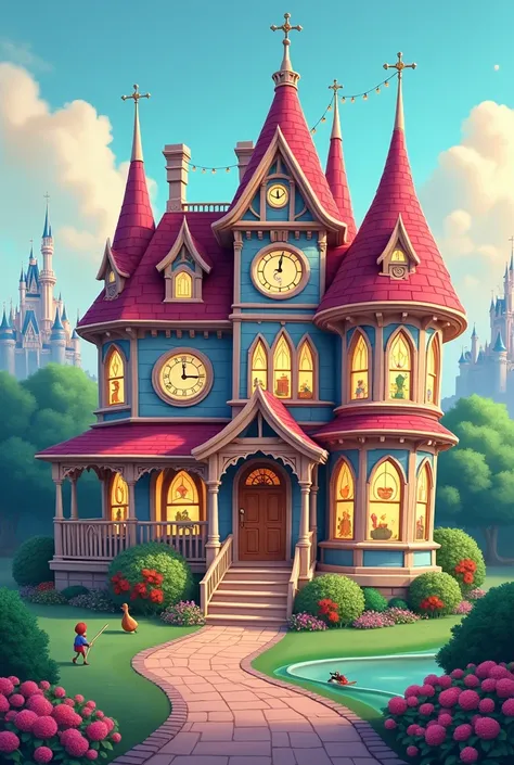 Digital illustration of a whimsical, Disney-inspired house:
Architecture:

Victorian-style base structure with fantasy elements
Asymmetrical design with multiple levels and wings
Turrets with conical roofs and spires, topped with weather vanes

Main featur...