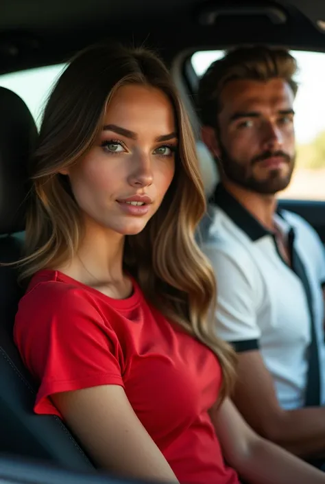 A beutiful girl Jeans red t shirt wearing at car with side sitting  1 boy 2 handsome boy with beard wearing white shirt Black court realistic beautiful woman sharp eye long hair 