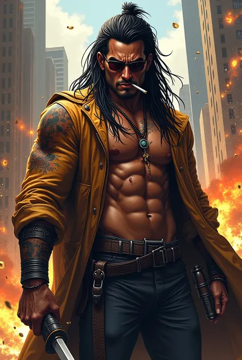 1guy, red indian, lean body, marvel,action,character,vigilante,mercenary,martial arts,swords,katanas,comic book style,highly detailed illustration,dynamic poses,bullet holes,explosions,cityscape background,vibrant colors,shadows and highlights,defiant expr...