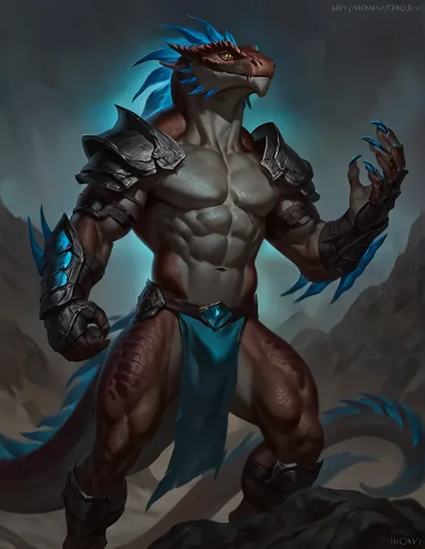 Muscular Lizardfolk, solo, athletic, cream color body, detailed scales, gray belly, yellow eyes, neon blue tail, full body, big tail, loincloth, mettalic gauntlet on one hand, comicbook style, best quality, 4k, ultra-detailed, by laobai, by taran fiddler, ...