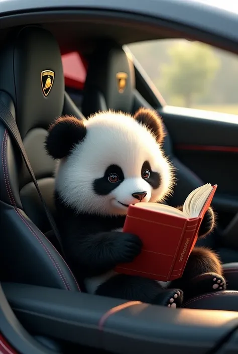 a cute panda is stuyding in a Lamborghini (can see the Lamborghini logo
the seat of Lamborghini are black, can see clearly the Lamborghini logo, the 
panda is smaller than the book a bit, the book is the astronomy book)