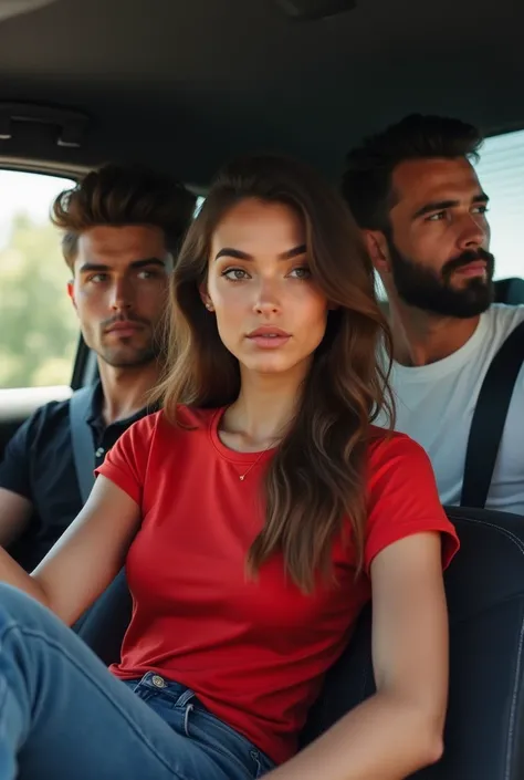 A beutiful girl Jeans red t shirt wearing at car with side sitting  1 boy 2 handsome boy with beard wearing white shirt Black court realistic beautiful woman sharp eye long hair 