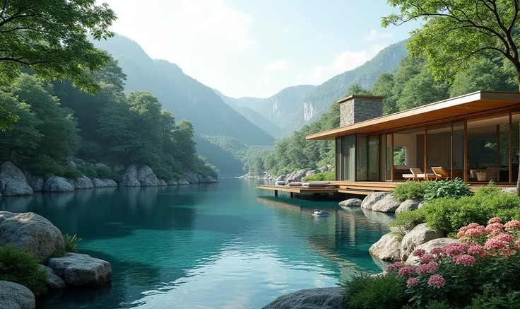 Overlooking the river、Luxury glass villa Electronic model, house, forest, flowers, pool,