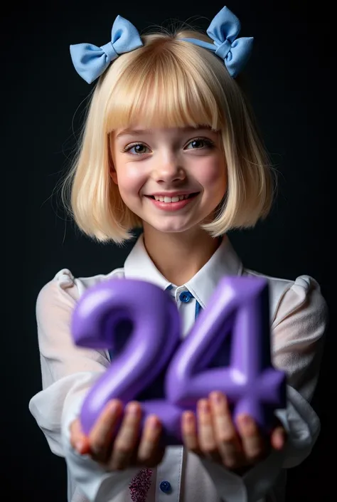 naughty sexy joyful fashionable girl with her face straight at the viewer, professional, portrait photography, studio light from above and backlight from behind the head, cutie, holds in his hands volumetric purple numbers 24 made of matte plastic very det...