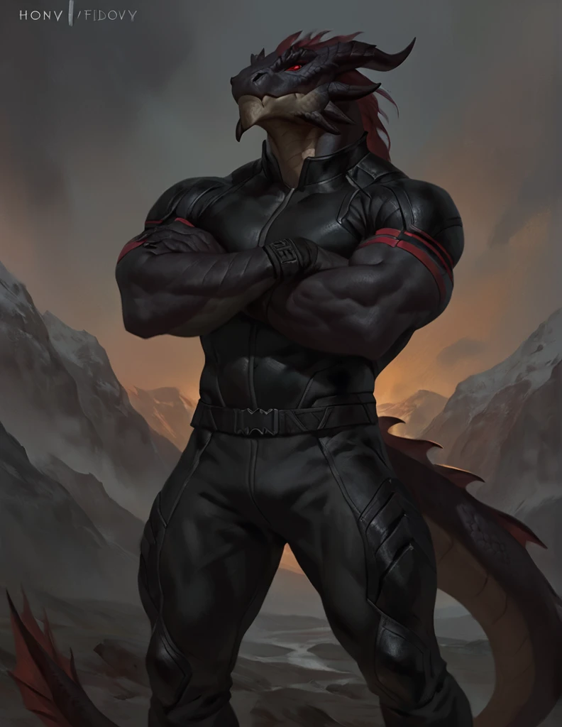 a ferocious male dragonborn, solo, muscular detailed body, athletic, standing with crossed arms, full body, dark color body, scalie, red eyes, pants, armless bodysuit, comicbook style, best quality, 4k, ultra-detailed, by laobai, by taran fiddler, by honov...