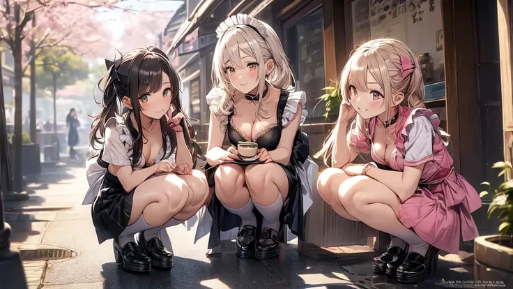 Masterpiece, super high quality anime style illustration, 8K, early Meiji period in Japan. Outdoors, daytime, in front of an old fashioned cafe, ((very beautiful 20 year old maids)), ((2 beautiful girls smiling)). ((squatting with legs together)), colorful...