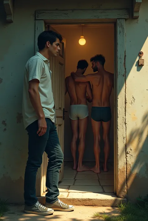 Male reporter in shirt and sneakers leaning against the door of an old house, outside the house, looking inside the house men taking a shower in their underwear, illuminated environment, internal view of the house. during the afternoon.