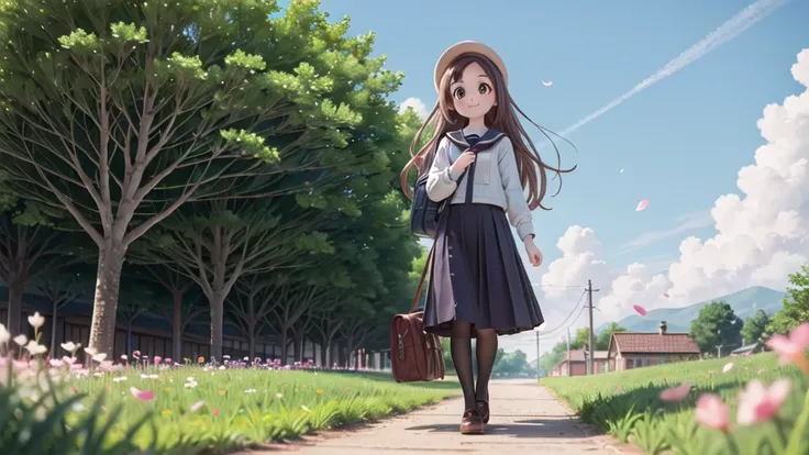 (masterpiece),  town,  blue sky,  one girl,  smile,  alone,  sailor suit, long skirt,  overgrown,  petal,  plant、skirt lining、tr...