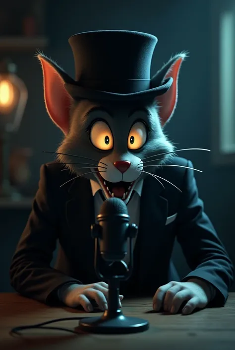 Tom ( the character from the cartoon Tom And Jerry ) is a horror character , wearing a Suit and a Hat . He is telling a story in a horror podcast , there is a mic in front of him . The Image is scary . 