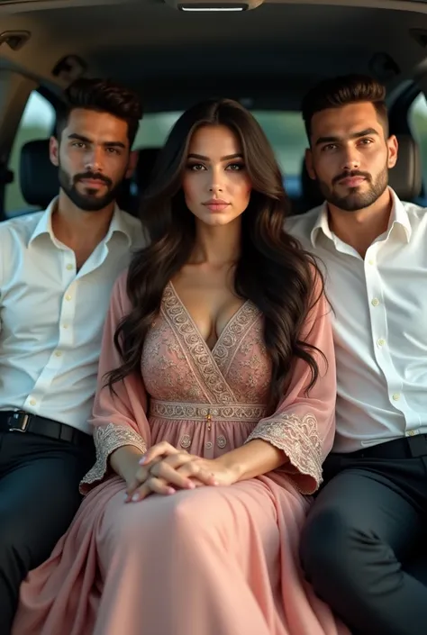 A beutiful girl Salwar kameez ewearing at car with side sitting  1 boy 2 handsome boy with beard wearing white shirt Black court realistic beautiful woman sharp eye long hair 