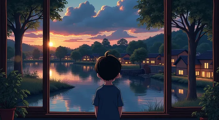 In the style of digital illustrations inspired by Hayao Miyazaki, this 4K quality animated wallpaper depicts a landscape seen from the window of a room in an apartment. A boys back view of the landscape from behind. There is a small calm river, a water mil...