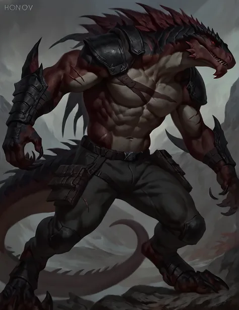 a ferocious male lizardfolk, anthro Glavenus, athletic, mercenary, pants, solo, scaly detailed body, full body, scars on body, crimson red and black color body, red eyes, giant tail, comicbook style, best quality, 4k, ultra-detailed, by laobai, by taran fi...