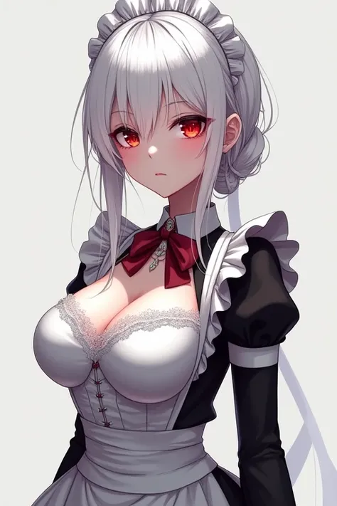 Anime, girl with big breasts, elegant maid outfit, shiny white hair, bright crimson eyes, and a cold and expressionless face .