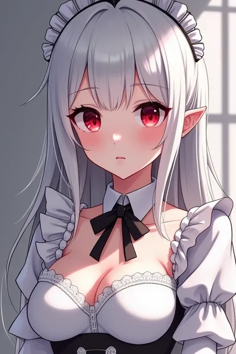 Anime, girl with big breasts, elegant maid outfit, shiny white hair, bright crimson eyes, and a cold and expressionless face .