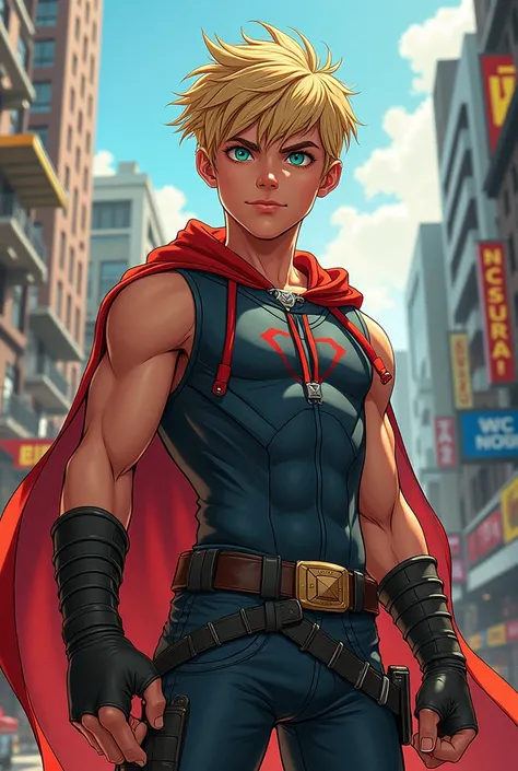 Teenage boy hero, blonde hair, lean body, athletic, American Comic Style