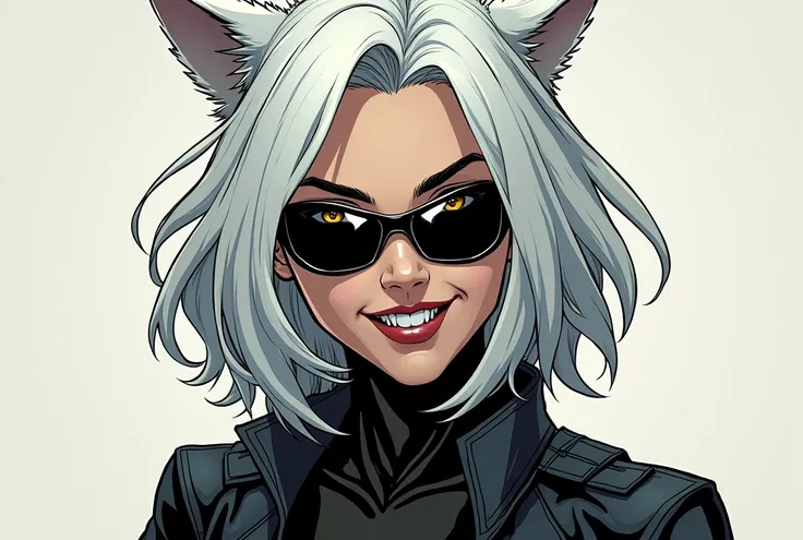 women, Medium hair, White hair, hair over the shoulder, wolfcut, yellow eyes, smile, open mouth, Fangs, slit pupils, side-shields sunglasses, big breasts, vibranium claws, tactical clothing, Very detailed, high quality, simple background, looking at the vi...