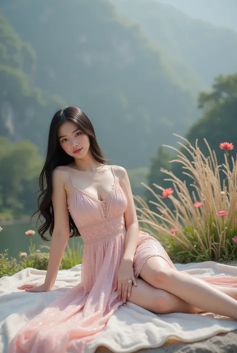 A beautiful asian and young girl.Her facial features are exquisite and fully conform to the golden ratio of human anatomy...Her long,straight long black hair, Big breasts, huge chest, fat body,  beautiful scenery,  big breasts, big, big tits, busty , big b...