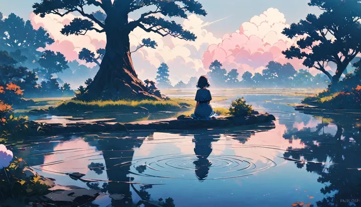 "((peaceful)) Scenes, Girl kneeling down to meditate, ((Ripples in the Pond)), ((cotton candy cloud)), ((The outline of a gnarled tree)), Professional photography, ((Rule of Thirds)), high resolution, best quality