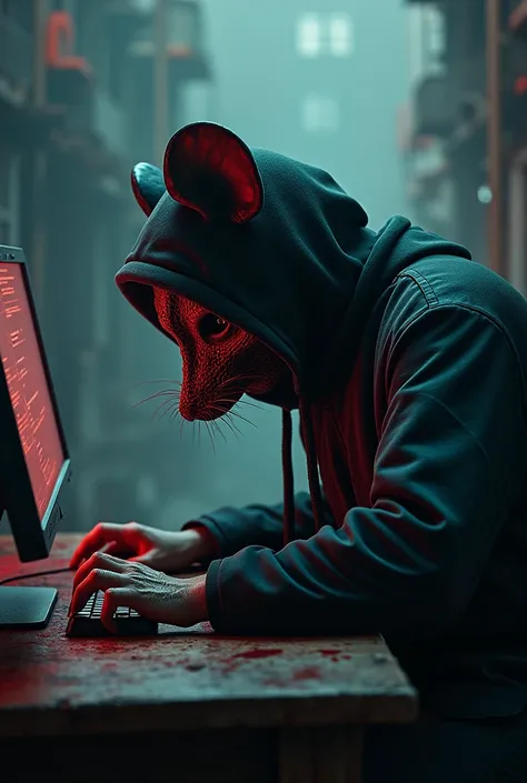 A hacker with rat mask hacking with computer bloody bageound from view