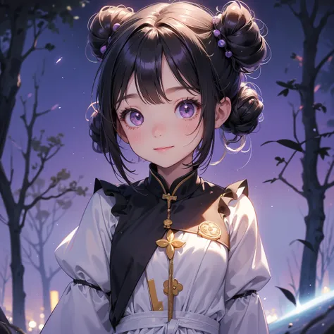 A chibi child girl had a small face and wearing a little tourist priest’s outfit, a pair of big round eyes shone with curiosity about him. This child was so cute, her hair is black with buns on her hair. Small chibi , chibi baby, smiling , chibi. 

Backgro...