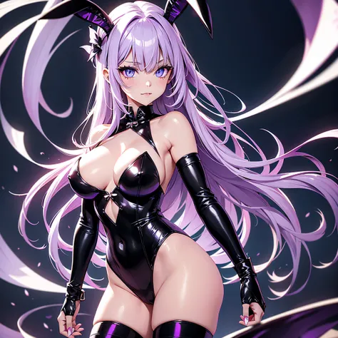 demon girl with slight "Demon Rabbit" features, she has Rabbit ears hanging down, an illusionists hat, a very tight, sexy and beautiful illusionists outfit/attire, colorful and striped tights, fangs, a black boot on her feet, look neutral, rabbit tail, she...