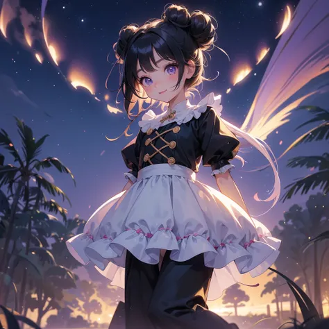 A chibi child girl had a small face and wearing a little tourist priest’s outfit, a pair of big round eyes shone with curiosity about him. This child was so cute, her hair is black with buns on her hair. Small chibi , chibi baby, smiling , chibi. 

Backgro...