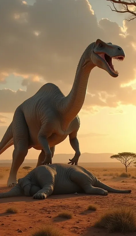  A powerful, massive brachiosaurus stands triumphantly on a dusty African savanna, with one massive paw resting on the lifeless body of an elephant. The brachiosauruss skin is rugged and textured, with hints of battle scars. The elephant lies sprawled on t...