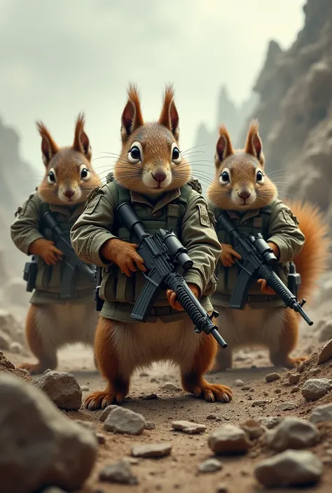 3 squirrels wearing war clothes, carrying a rifle and getting ready to shoot, set in a battlefield, Realistic