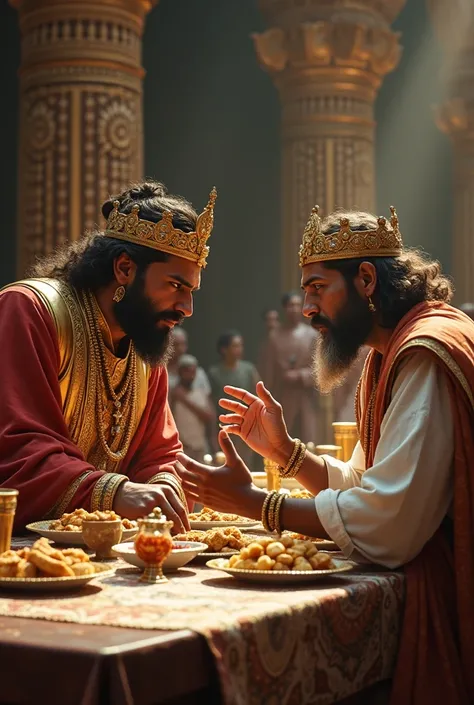 One king with golden ornaments on his body and one bramhana young pandit is there ,they both are sitting in the dining hall and they are argue for something they both shouting each other of them