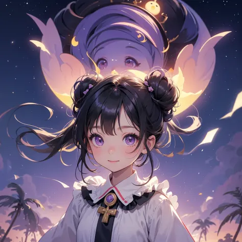 A chibi child girl had a small face and wearing a little tourist priest’s outfit, a pair of big round eyes shone with curiosity about him. This child was so cute, her hair is black with buns on her hair. Small chibi , chibi baby, smiling , chibi. 

Backgro...