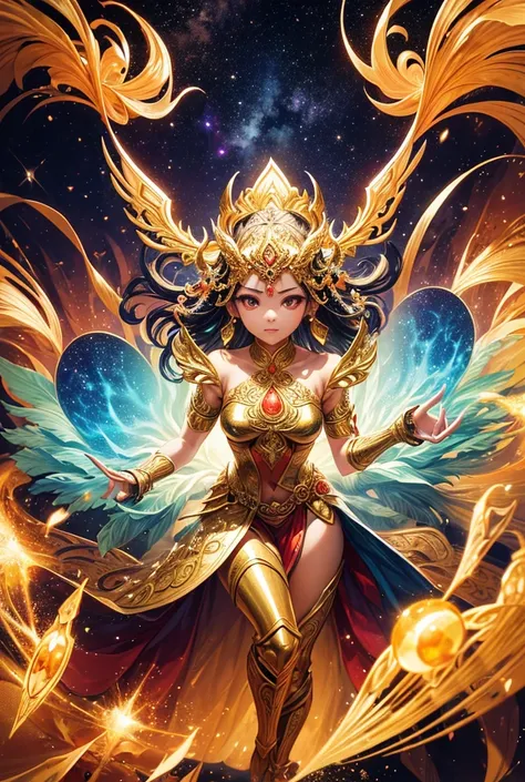 Create an image that closely resembles the reality and beauty depicted in the provided image. The image should feature a figure that appears to be inspired by traditional Thai mythology, with intricate golden armor and a vibrant, multicolored background th...