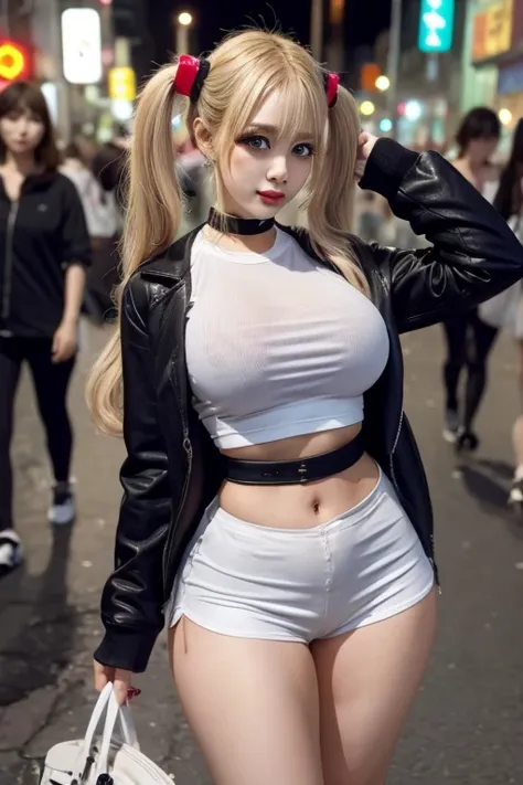 harley quinn cosplay　 twin tails,, belly button, look at the viewers, put your hands behind your back, black jacket, dolphin sho...